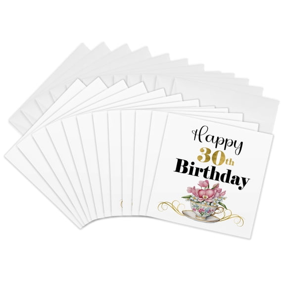 3drose, Happy 30th Birthday with a Pretty Floral Teacup, 12 Greeting Cards with Envelopes