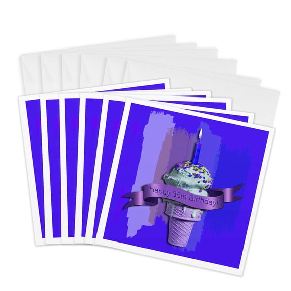 3drose, Happy 35th Birthday, Ice Cream Cone on Abstract, Purple, 6 Greeting Cards with Envelopes
