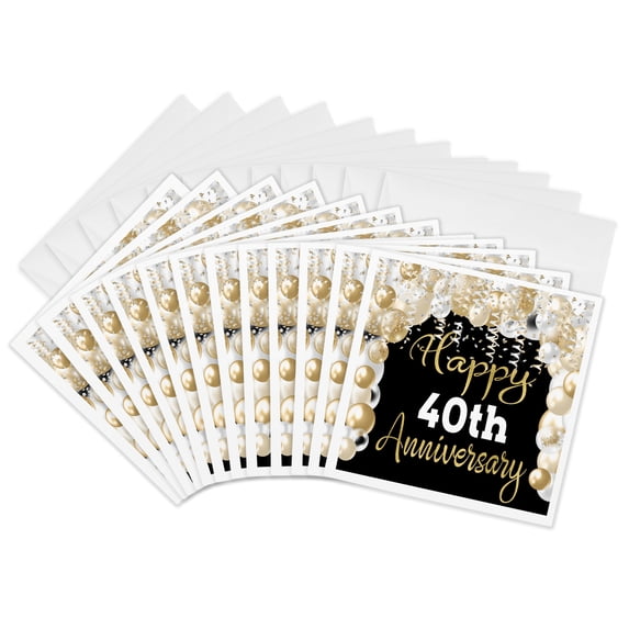 3drose, Happy 40th Anniversary Glam Image of Gold Balloons, 12 Greeting Cards with Envelopes