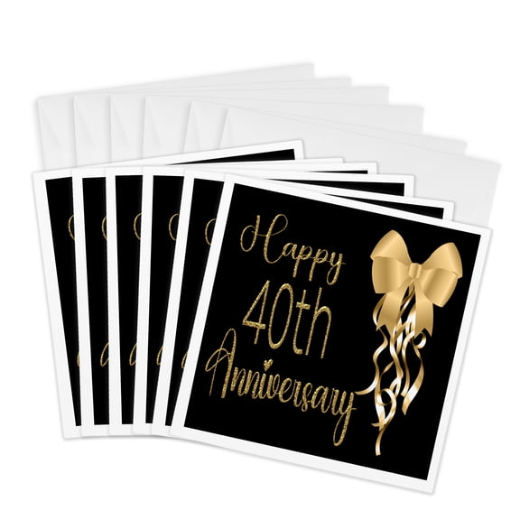 3drose, Happy 40th Anniversary Image of Gold Bow and Ribbons, 6 Greeting Cards with Envelopes