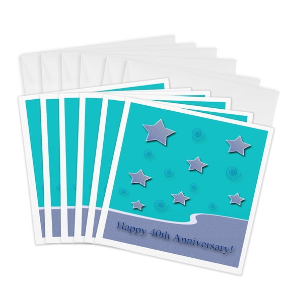 3drose, Happy 40th Anniversary, Lavender Stars on Aqua, Employee Anniversary, 6 Greeting Cards with Envelopes