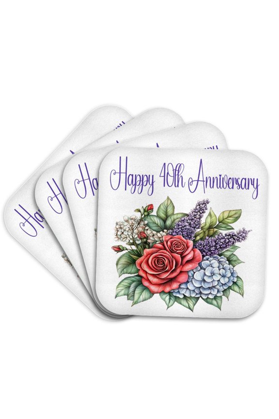 , Happy 40th Anniversary Roses and Lavender, Set of 4 Coasters - Soft