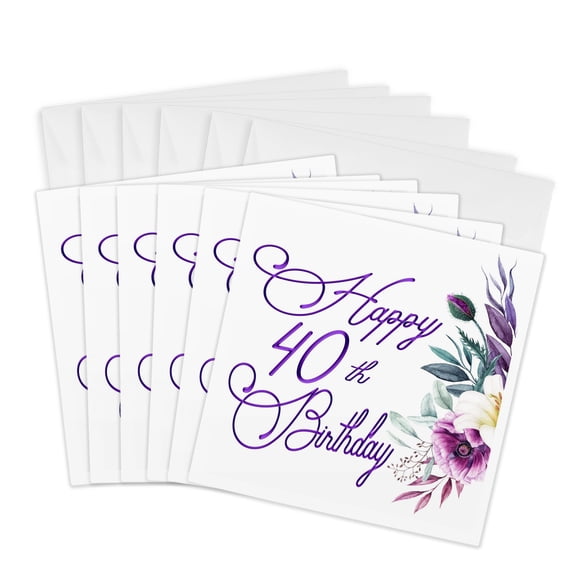3drose, Happy 40th Birthday in Purple with Purple Flowers, 6 Greeting Cards with Envelopes