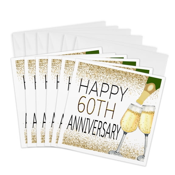 3drose, Happy 60th Anniversary Image of Gold Champagne Glasses, 6 Greeting Cards with Envelopes