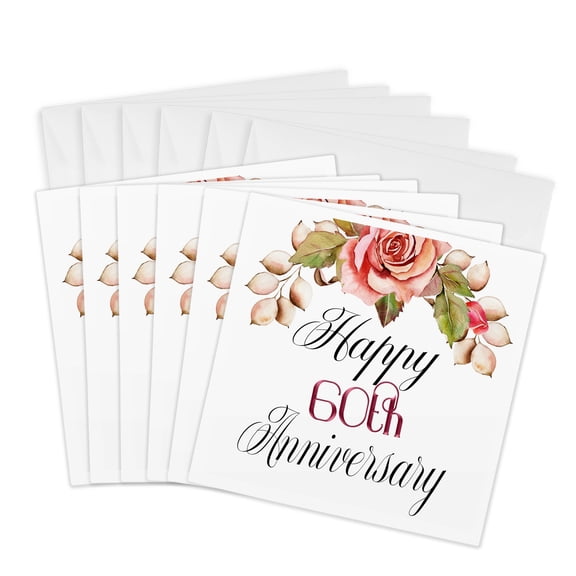 3drose, Happy 60th Anniversary Image of Watercolor Peach Rose Floral, 6 Greeting Cards with Envelopes