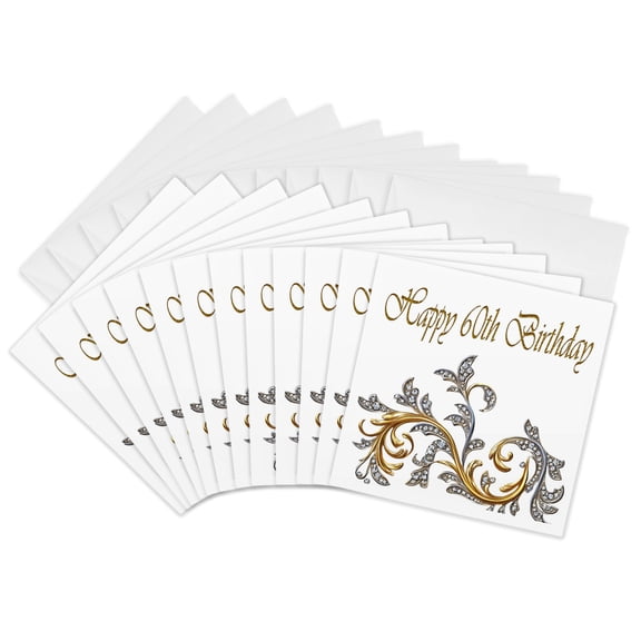 3drose, Happy 60th Birthday Elegant Image of Diamond Image of Gold Flourish, 12 Greeting Cards with Envelopes