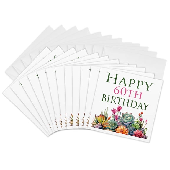 3drose, Happy 60th Birthday Pretty Cactus Succulents, 12 Greeting Cards with Envelopes