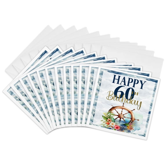3drose, Happy 60th Birthday Pretty Nautical Floral Sailing Wheel, 12 Greeting Cards with Envelopes