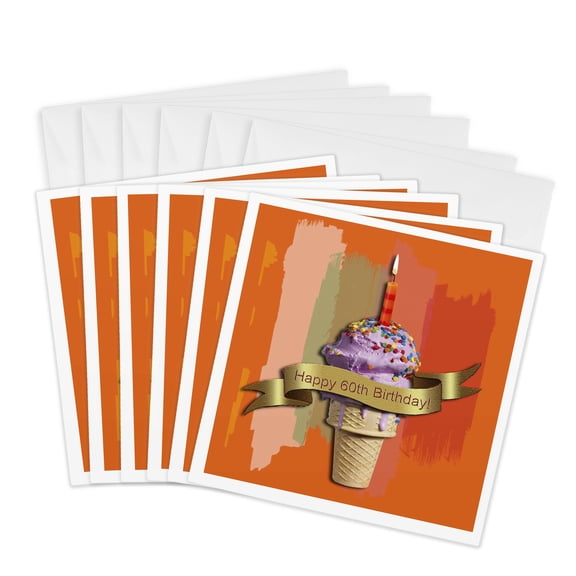 3drose, Happy 60th Birthday, Strawberry Ice Cream Cone on Abstract, Orange, 6 Greeting Cards with Envelopes