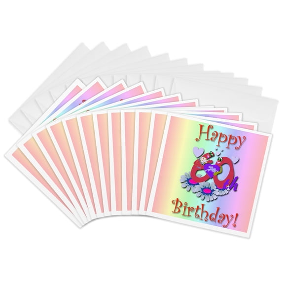 3drose, Happy 60th Birthday with Rainbow Background, 12 Greeting Cards with Envelopes