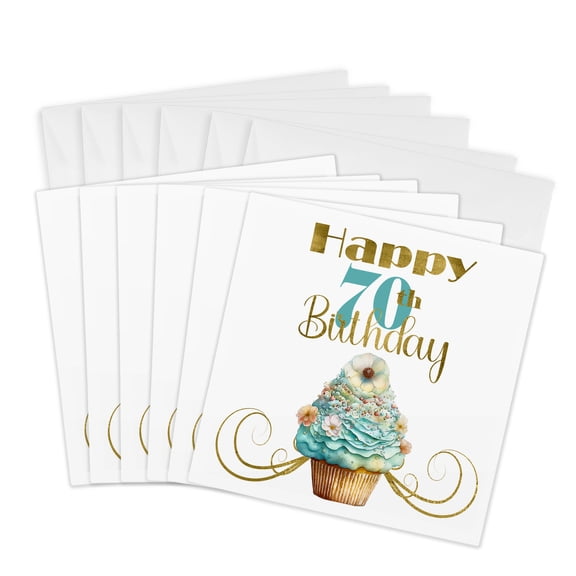 3drose, Happy 70th Birthday Pretty Aqua Cupcake, 6 Greeting Cards with Envelopes