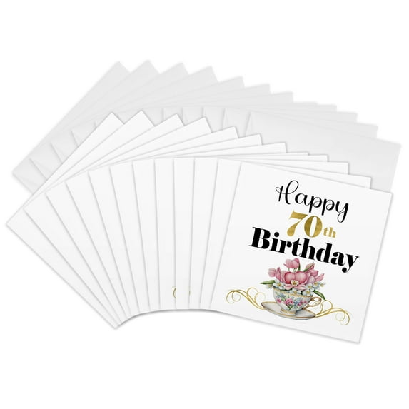 3drose, Happy 70th Birthday with a Pretty Floral Teacup, 12 Greeting Cards with Envelopes
