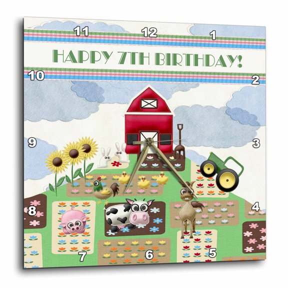 3drose, Happy 7th Birthday at the Farm with Barn, Tracker, Flowers, and Animals, 10x10 Wall Clock