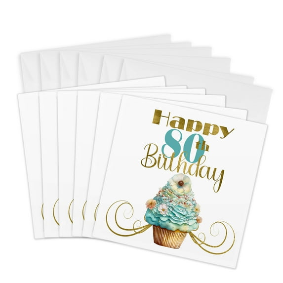 3drose, Happy 80th Birthday Pretty Aqua Cupcake, 6 Greeting Cards with Envelopes