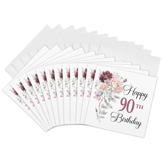 3drose, Happy 90th Birthday Blush Pink and Burgundy Flower, 12 Greeting Cards with Envelopes