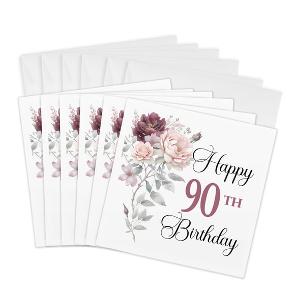 3drose, Happy 90th Birthday Blush Pink and Burgundy Flower, 6 Greeting Cards with Envelopes