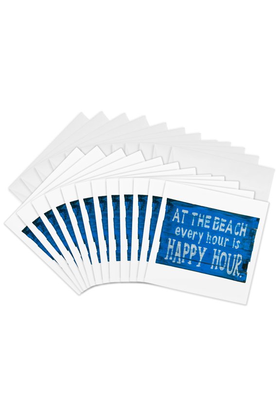 , Happy Beach Hours Sign on Wood, White Background, 12 Greeting Cards with Envelopes