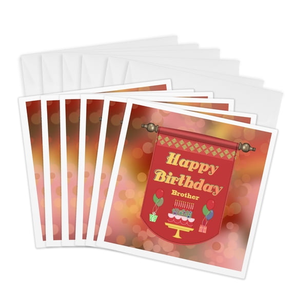 3drose, Happy Birthday Brother Banner, Cake with Gifts and Balloons, 6 Greeting Cards with Envelopes