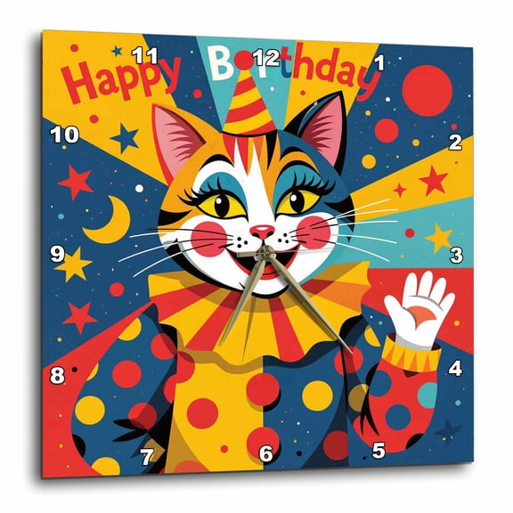3drose, Happy Birthday and a Funny Cat in Clown Costume. Artsy Gift, Card, 13x13 Wall Clock