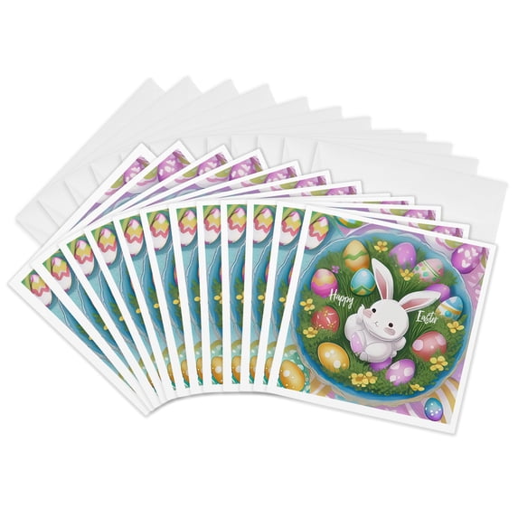 3drose, Happy Easter, Anime Style Bunny, Colorful Eggs, Green Grass, Flowers, 12 Greeting Cards with Envelopes