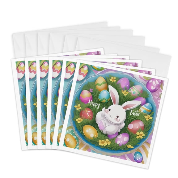 3drose, Happy Easter, Anime Style Bunny, Colorful Eggs, Green Grass, Flowers, 6 Greeting Cards with Envelopes