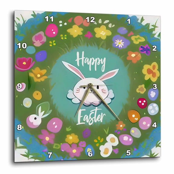 3drose, Happy Easter, Anime Style Bunny, Painted Eggs, Spring Garden Flowers, 13x13 Wall Clock