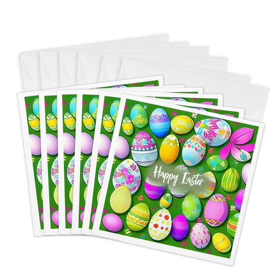 3drose, Happy Easter Text over a Pile of Painted Eggs on the Green Grass, 6 Greeting Cards with Envelopes
