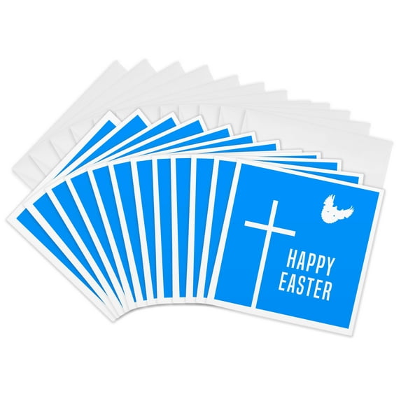 3drose, Happy Easter Text, White Cross, Dove and Blue Sky, 12 Greeting Cards with Envelopes