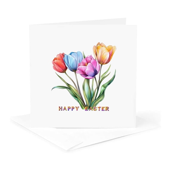 3drose, Happy Easter and Colorful Tulip Flowers. Awesome Easter Greeting, 1 Greeting Card with Envelope