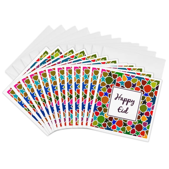 3drose, Happy Eid - Eid Mubarak for Ramadan Islam Muslim Holiday Rainbow Stars, 12 Greeting Cards with Envelopes