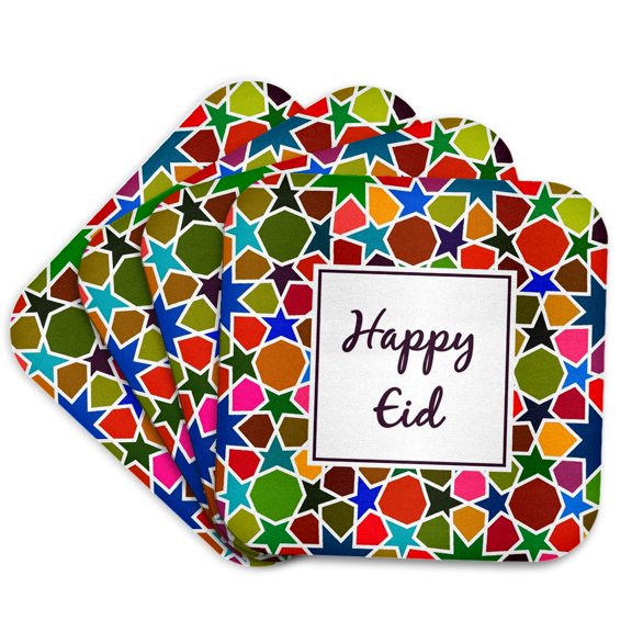3drose, Happy Eid - Eid Mubarak for Ramadan Islam Muslim Holiday Rainbow Stars, Set of 4 Coasters - Soft