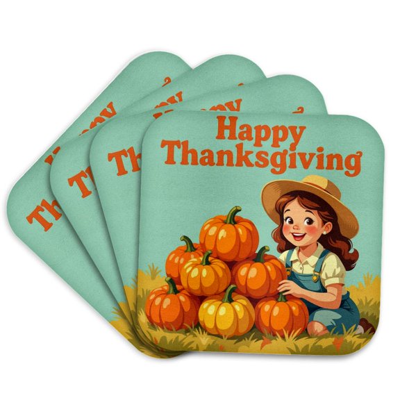 3drose, Happy Girl and a Pile of Pumpkins. Happy Thanksgiving Artsy Gift, Set of 4 Coasters - Soft