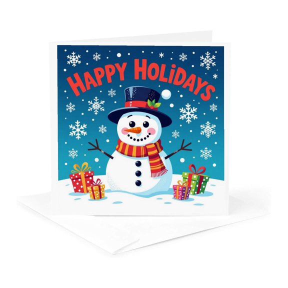 3drose, Happy Holidays. Funny Snowman, Colorful Gifts, Snowfall. Gift, Card, 1 Greeting Card with Envelope
