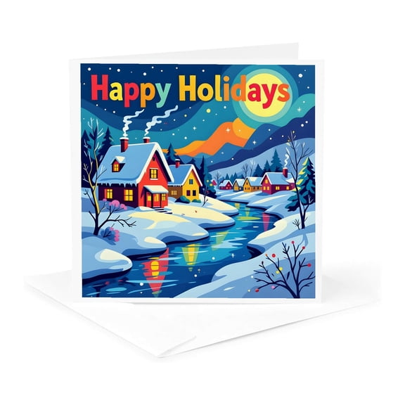 3drose, Happy Holidays Text. Colorful Village in Snow, Frozen River. Art Gift, 1 Greeting Card with Envelope