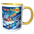 thumbnail image 1 of 3drose, Happy Holidays Text. Colorful Village in Snow, Frozen River. Art Gift, 11oz Two-tone Yellow Mug, 1 of 6