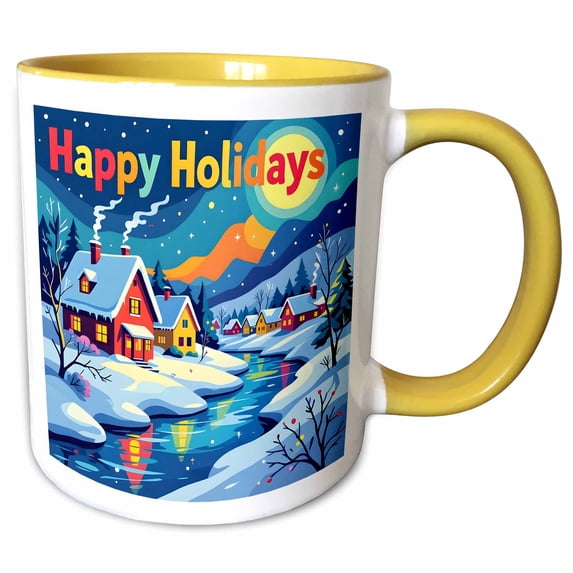 3drose, Happy Holidays Text. Colorful Village in Snow, Frozen River. Art Gift, 11oz Two-tone Yellow Mug