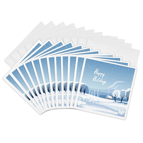 3drose, Happy Holidays. Winter Landscape with a Small House. White and Blue, 12 Greeting Cards with Envelopes