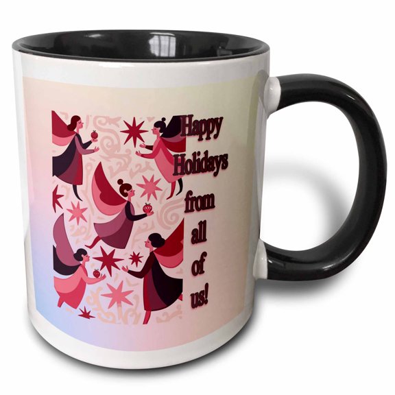 3drose, Happy Holidays from All of Us Vintage Style Angels Mid Mod Style, 11oz Two-tone Black Mug