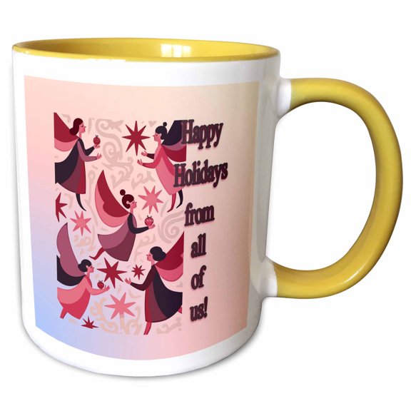 3drose, Happy Holidays from All of Us Vintage Style Angels Mid Mod Style, 11oz Two-tone Yellow Mug