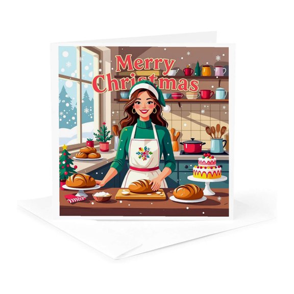 3drose, Happy Lady Baker. Bread, Pie. Merry Christmas. Greeting Card, Gift, 1 Greeting Card with Envelope