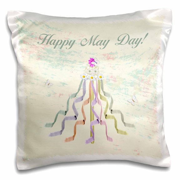 3drose, Happy May Day, May Day Pole with Flowers and Ribbons, 16x16 inch Pillow Case