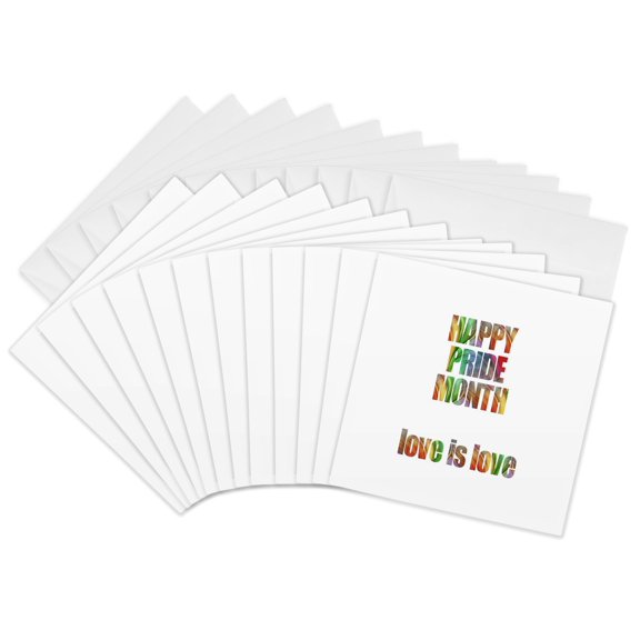 3drose, Happy Pride Month Love Is Love Multicolored Text White Background, 12 Greeting Cards with Envelopes