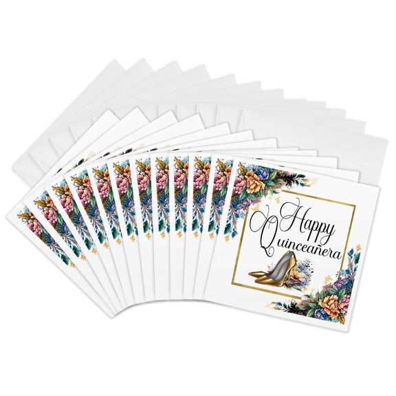 3drose, Happy Quinceanera with an Image of Gold High Heels and Flowers, 12 Greeting Cards with Envelopes