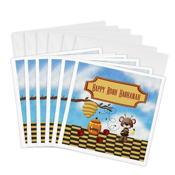 3drose, Happy Rosh Hashanah, Bear, Bee Hive, Honey Jar, Bee Buzzing, Apples, 6 Greeting Cards with Envelopes