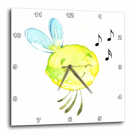 3drose, Happy Singing Little Cartoon Circular Yellow Bug with Wings, 15x15 Wall Clock