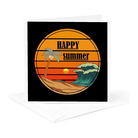 3drose, Happy Summer. Waves, Palm, Tropical Sunset Colorful Retro Design, 1 Greeting Card with Envelope