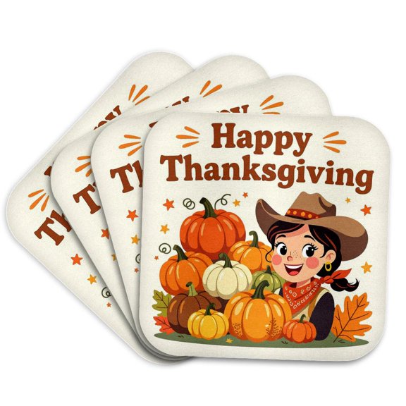3drose, Happy Thanksgiving Text, a Smiling Cowgirl, Pumpkins Artsy Gift, Set of 4 Coasters - Soft