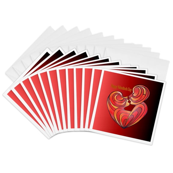 3drose, Happy Valentines Day Lovers Kiss and Form a Love Heart Cut Out, 12 Greeting Cards with Envelopes