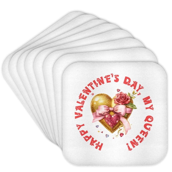 3drose, Happy Valentines Day, My Queen, Heart, Rose, Nice Valentine Day Gift, Set of 8 Coasters - Cork