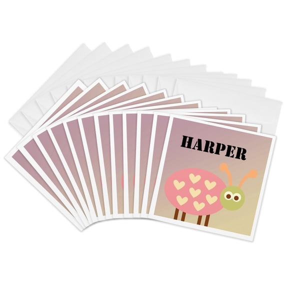 3drose, Harper Pink Ladybug Girls Name, 12 Greeting Cards with Envelopes